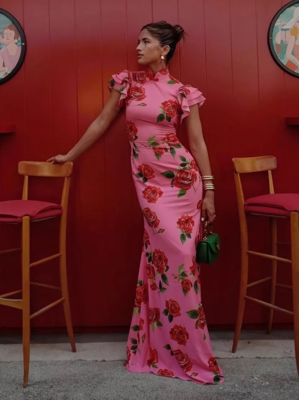 Sau Lee Sylvie Mandarin Collar Ruffle Sleeve Pink Floral Maxi Dress NEW with tag - Picture 1 of 11
